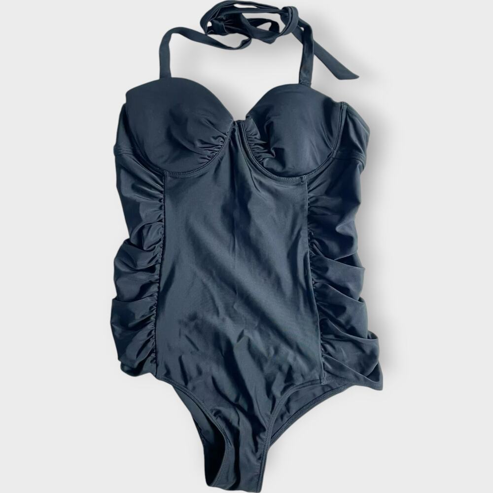 Kooey Bathing Suit One Piece Black Ruching Underwire Size Medium Slimming